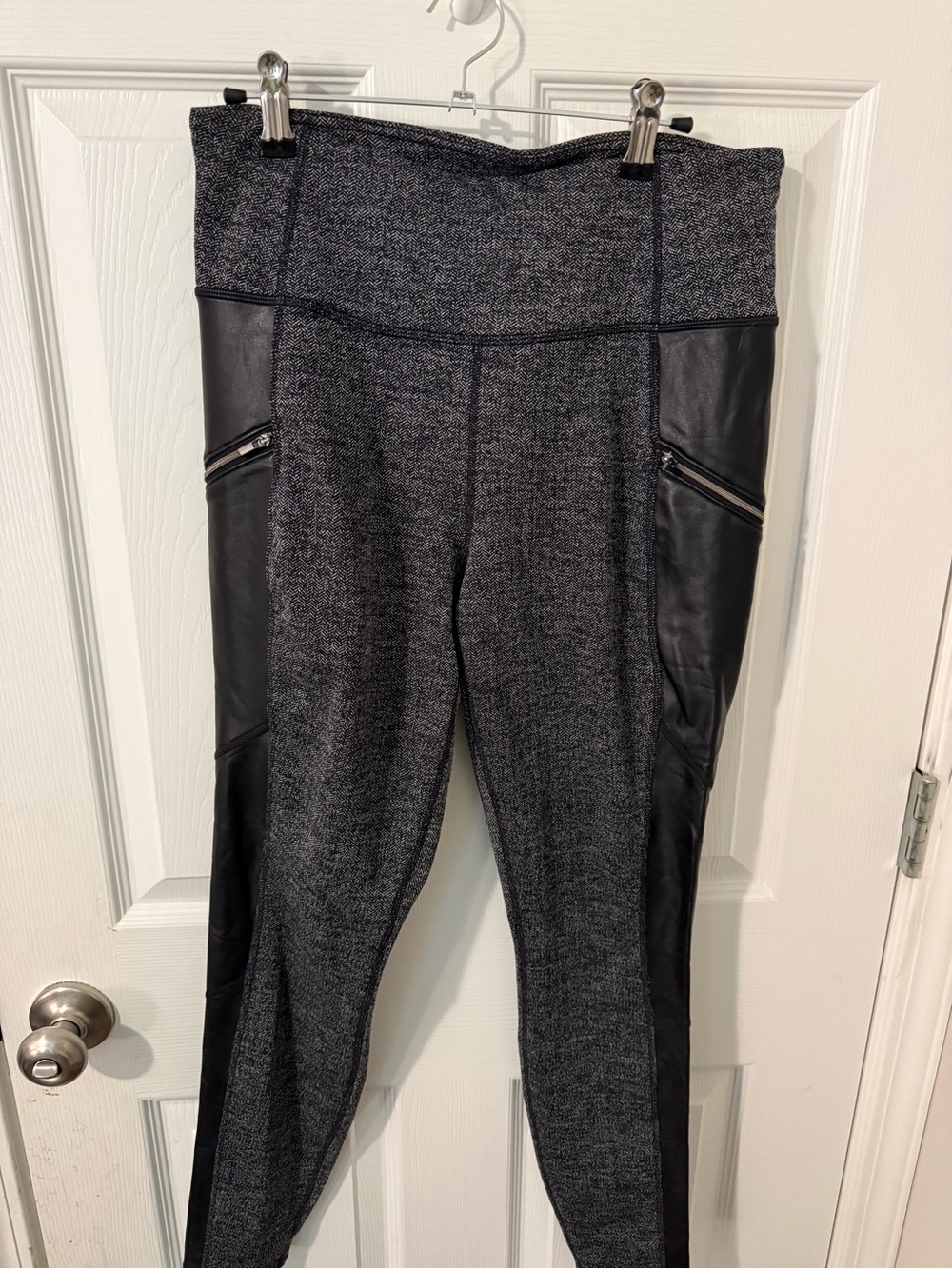 Athleta Black Heathered Leggings with Faux Leather Side Panels